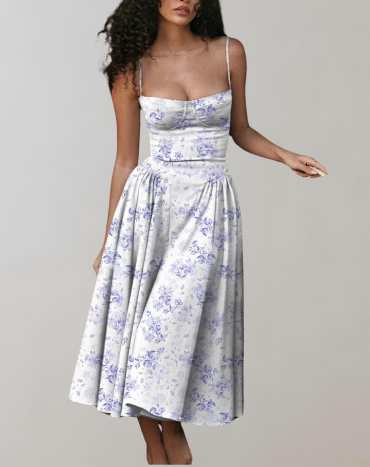 Women's Cocktail Dress - Spaghetti Straps - Fitted Bodice - Flowing Midi Skirt