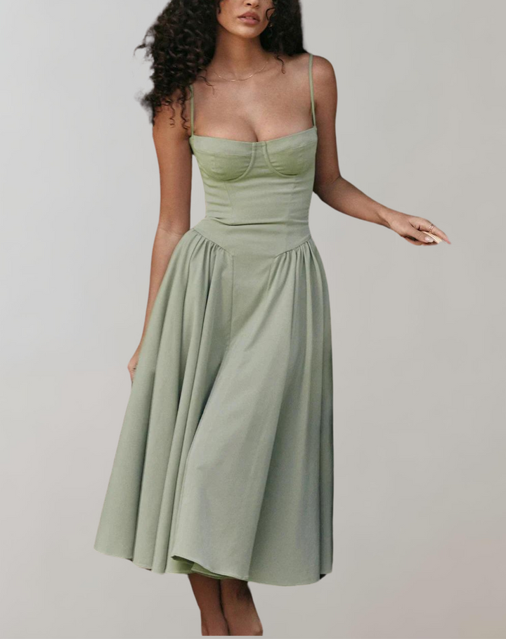 Women's Cocktail Dress - Spaghetti Straps - Fitted Bodice - Flowing Midi Skirt