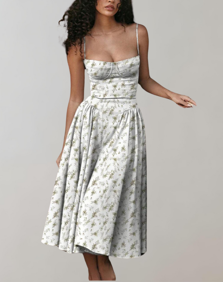 Women's Cocktail Dress - Spaghetti Straps - Fitted Bodice - Flowing Midi Skirt