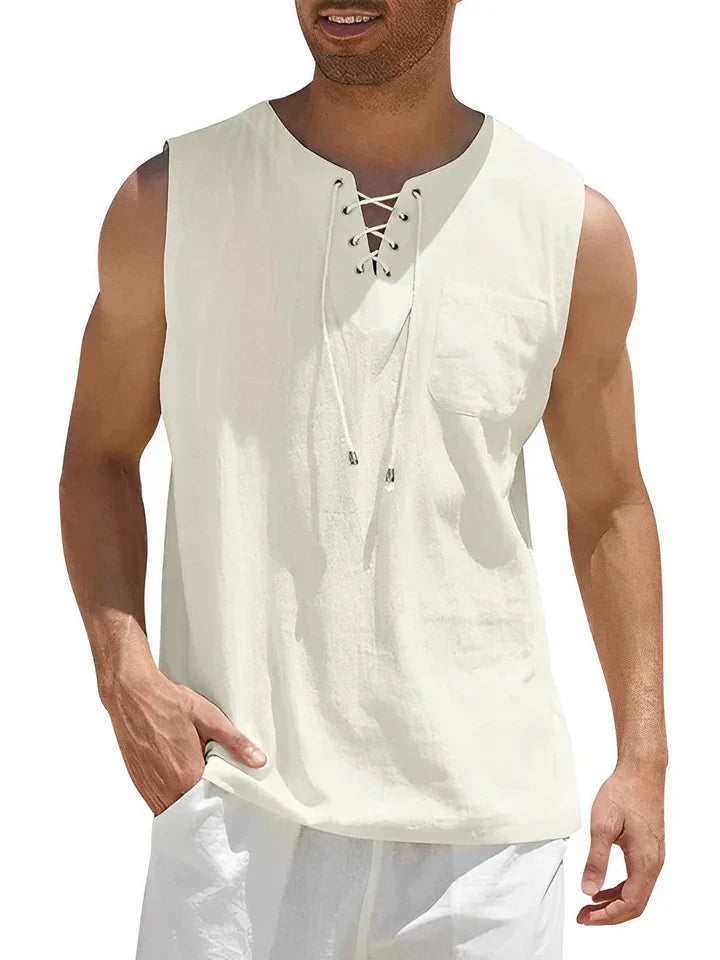Men’s Tank Top – Relaxed Fit – Lace-Up Front – Chest Pocket – Breathable Blend