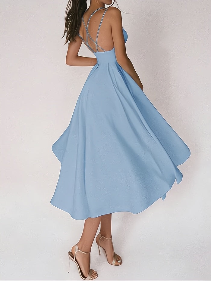 Women's Formal Dress - Satin Fabric - V-Neckline - Spaghetti Straps - Floor-Length Elegant Fit