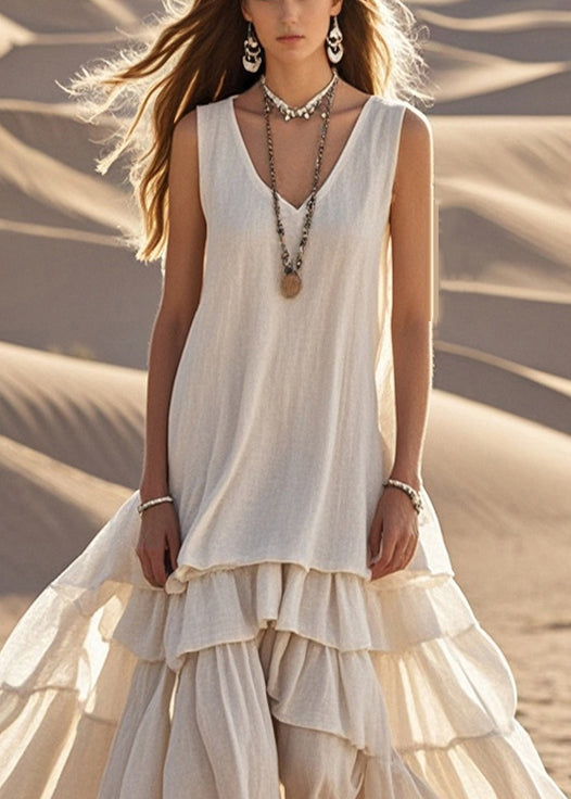 Women’s Maxi Dress - Sleeveless Relaxed Fit - Tiered Hem - Flowy Natural Fibers
