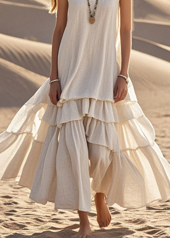 Women’s Maxi Dress - Sleeveless Relaxed Fit - Tiered Hem - Flowy Natural Fibers