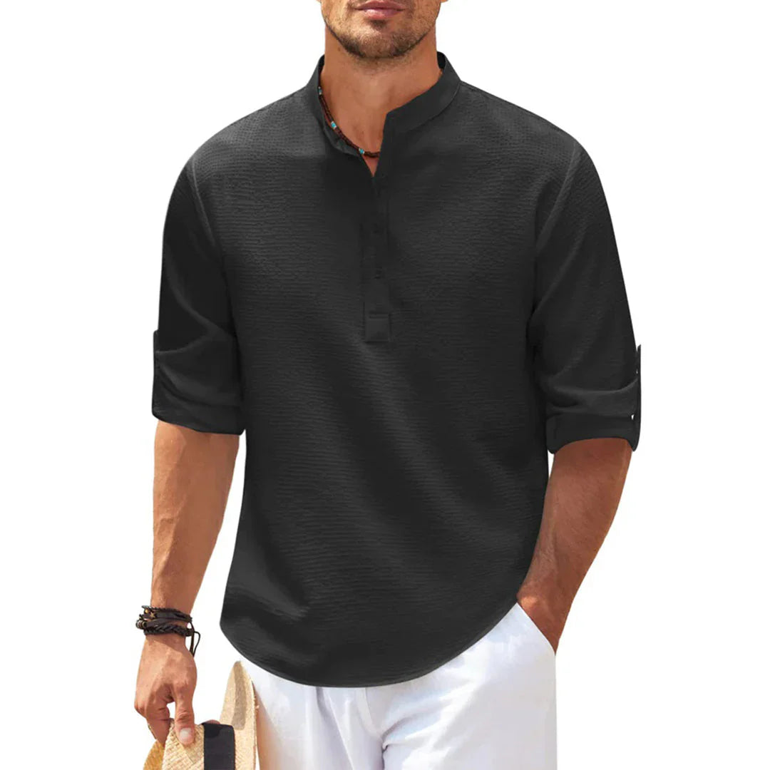 Men’s Casual Shirt – Relaxed Fit – Breathable Blend – Mandarin Collar – Roll-Up Sleeves