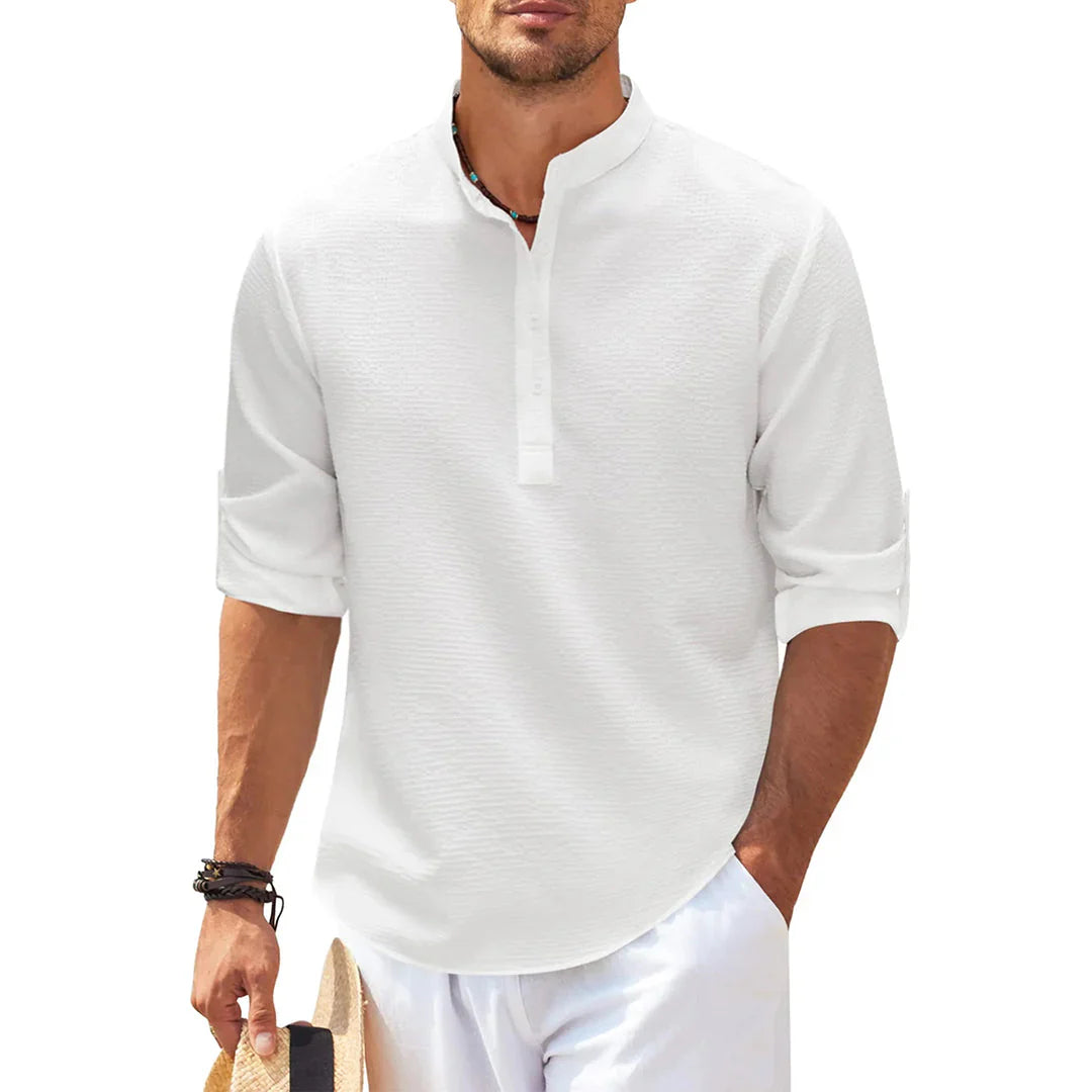 Men’s Casual Shirt – Relaxed Fit – Breathable Blend – Mandarin Collar – Roll-Up Sleeves