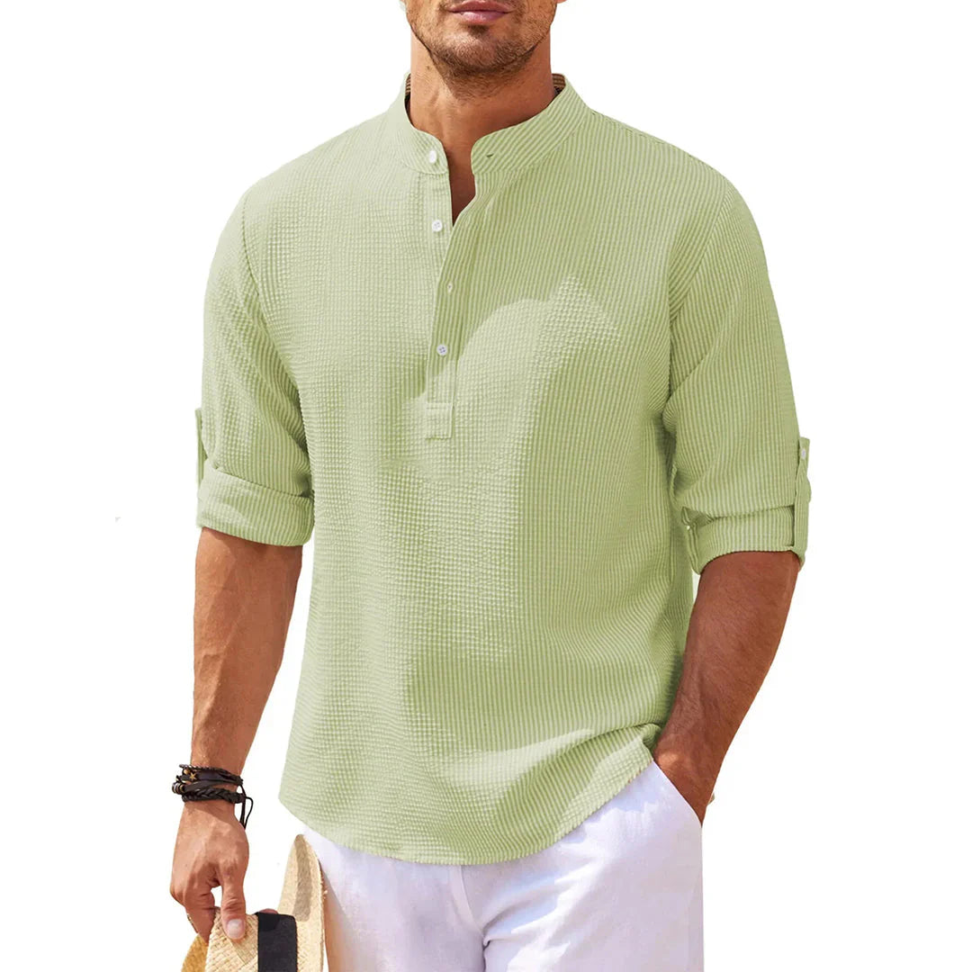 Men’s Casual Shirt – Relaxed Fit – Breathable Blend – Mandarin Collar – Roll-Up Sleeves