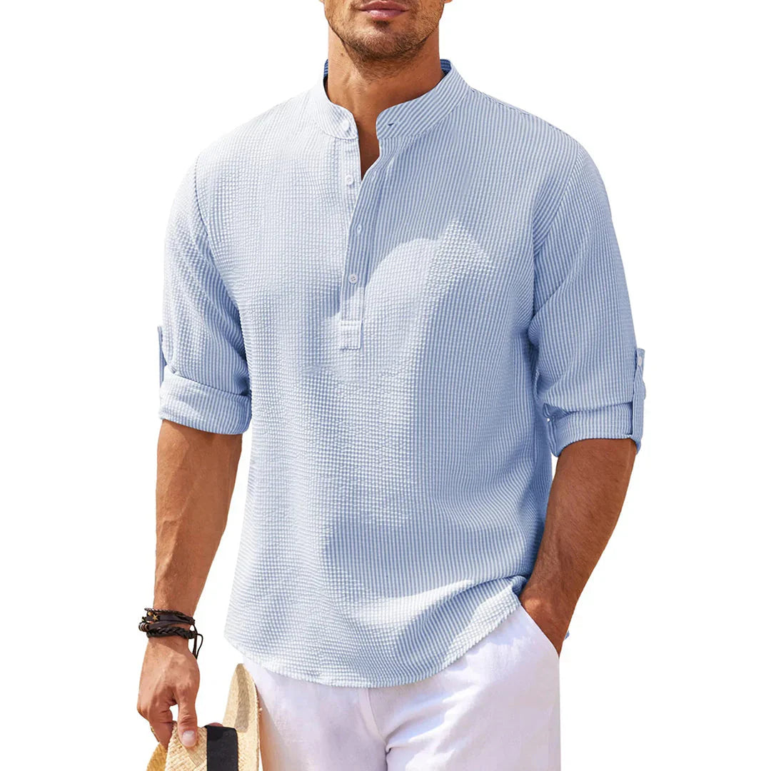 Men’s Casual Shirt – Relaxed Fit – Breathable Blend – Mandarin Collar – Roll-Up Sleeves