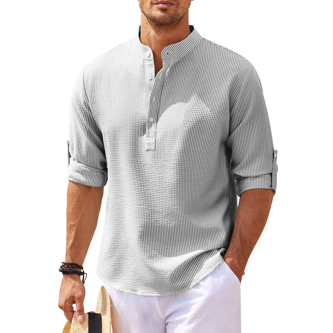 Men’s Casual Shirt – Relaxed Fit – Breathable Blend – Mandarin Collar – Roll-Up Sleeves