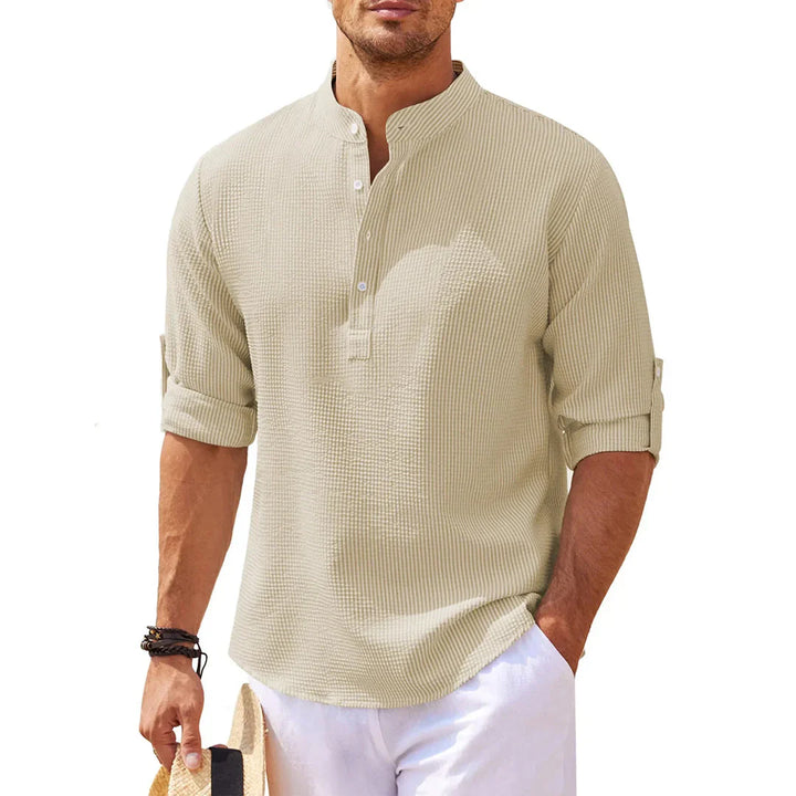 Men’s Casual Shirt – Relaxed Fit – Breathable Blend – Mandarin Collar – Roll-Up Sleeves