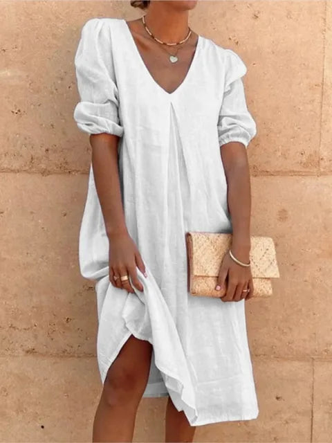 Women’s Midi Dress – Relaxed Fit – V-Neck – Gathered Sleeves – Breathable Blend