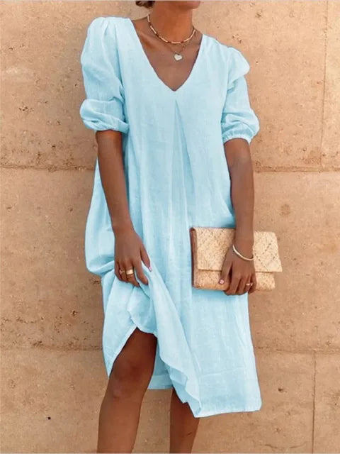 Women’s Midi Dress – Relaxed Fit – V-Neck – Gathered Sleeves – Breathable Blend