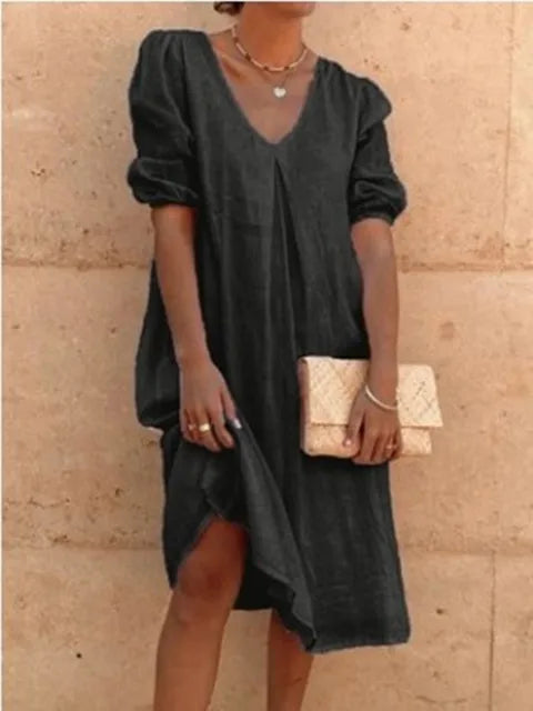 Women’s Midi Dress – Relaxed Fit – V-Neck – Gathered Sleeves – Breathable Blend