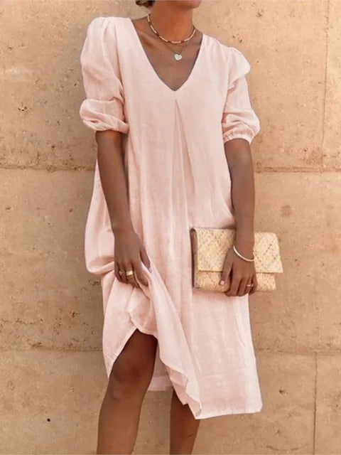 Women’s Midi Dress – Relaxed Fit – V-Neck – Gathered Sleeves – Breathable Blend
