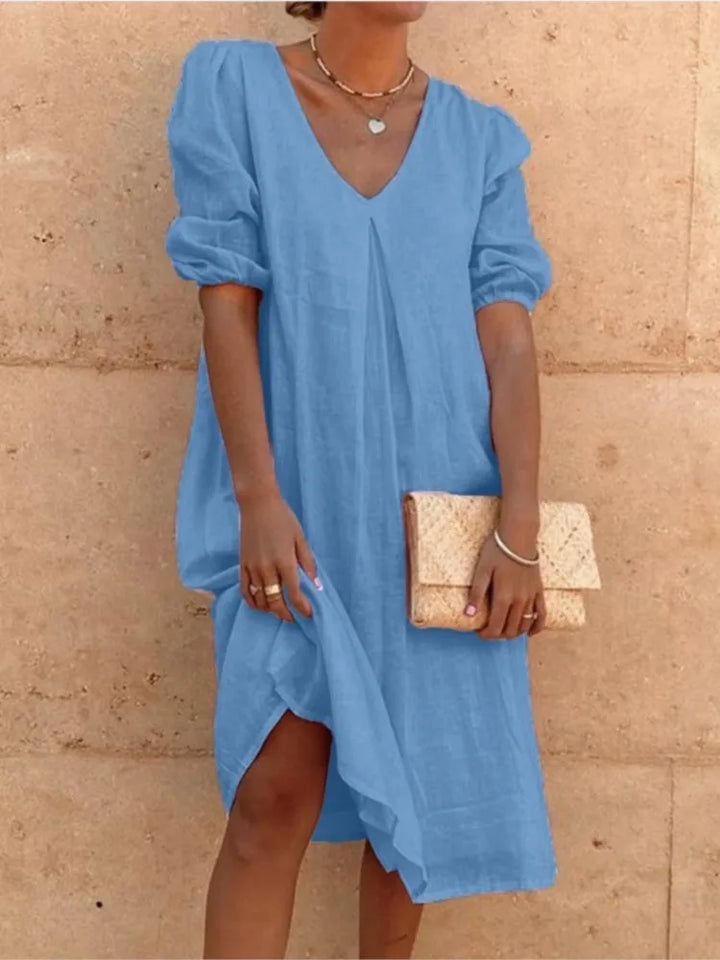 Women’s Midi Dress – Relaxed Fit – V-Neck – Gathered Sleeves – Breathable Blend