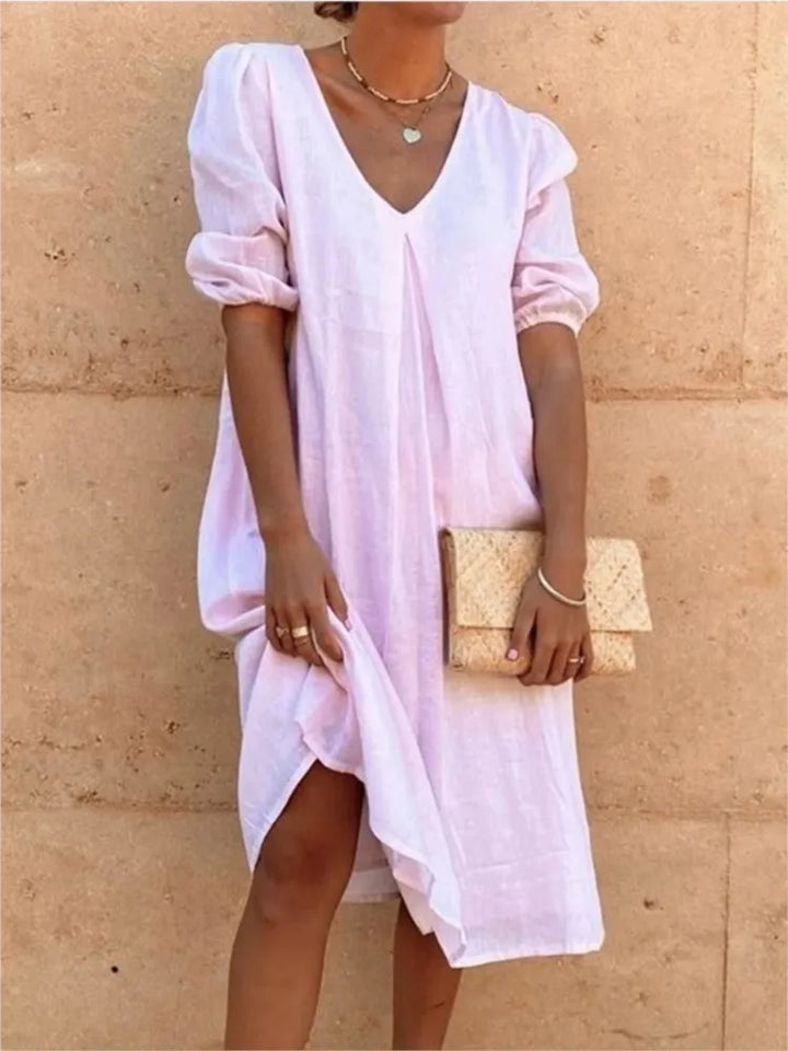 Women’s Midi Dress – Relaxed Fit – V-Neck – Gathered Sleeves – Breathable Blend