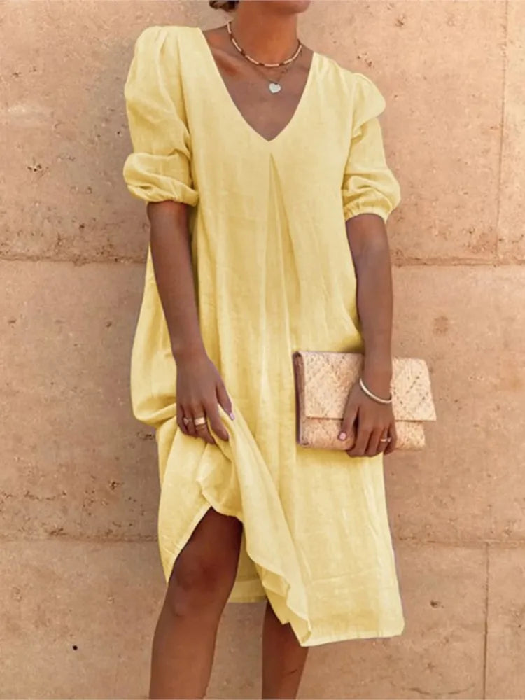 Women’s Midi Dress – Relaxed Fit – V-Neck – Gathered Sleeves – Breathable Blend