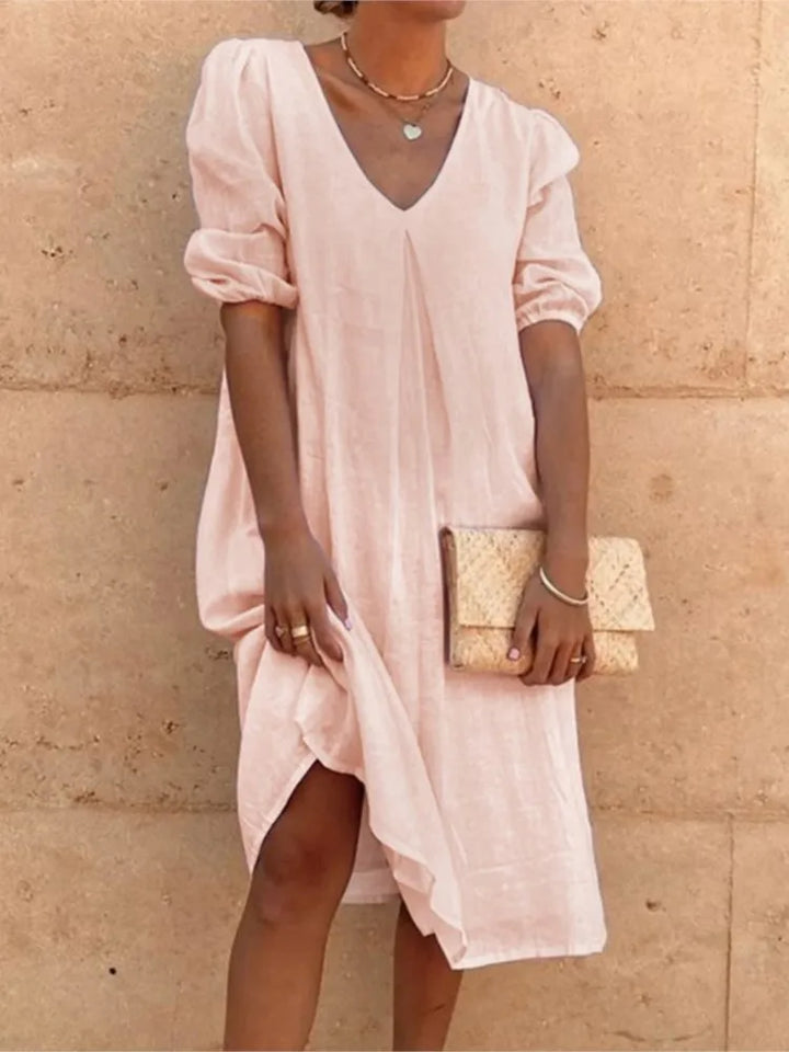 Women’s Midi Dress – Relaxed Fit – V-Neck – Gathered Sleeves – Breathable Blend