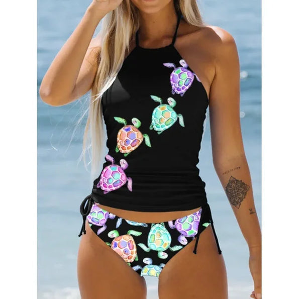 Women’s Swimsuit Set – Halter Neck Top – Printed Design – Adjustable Ruched Bottom