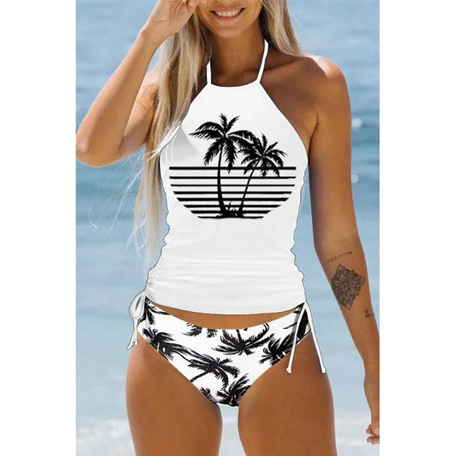 Women’s Swimsuit Set – Halter Neck Top – Printed Design – Adjustable Ruched Bottom