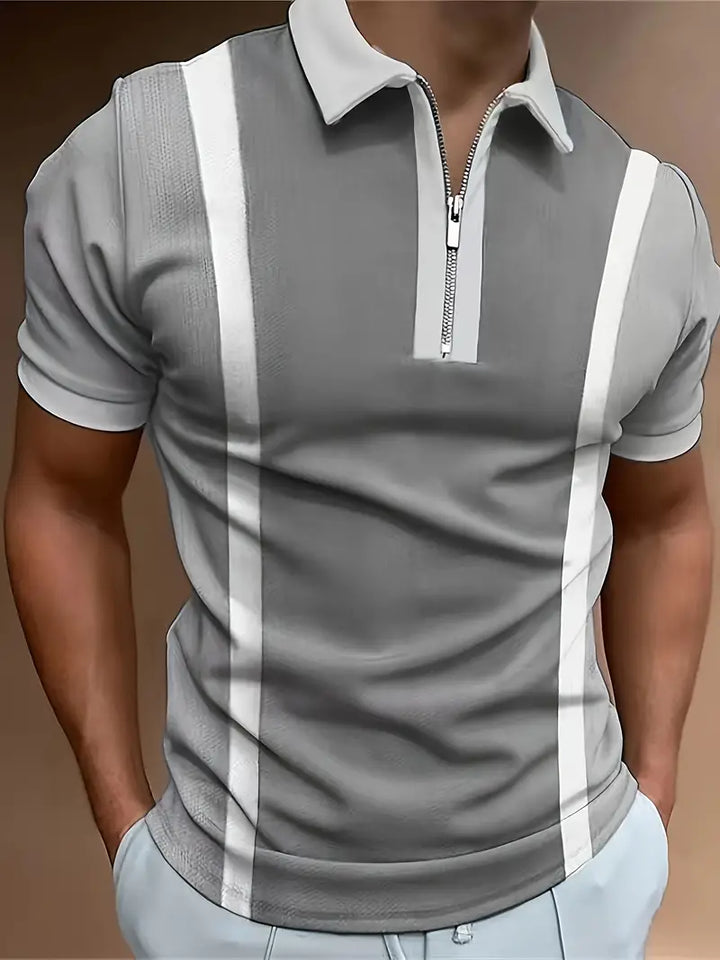 Men’s Polo Shirt - Half Zip - Short Sleeve Ribbed Cuffs - Vertical Stripe Casual Wear