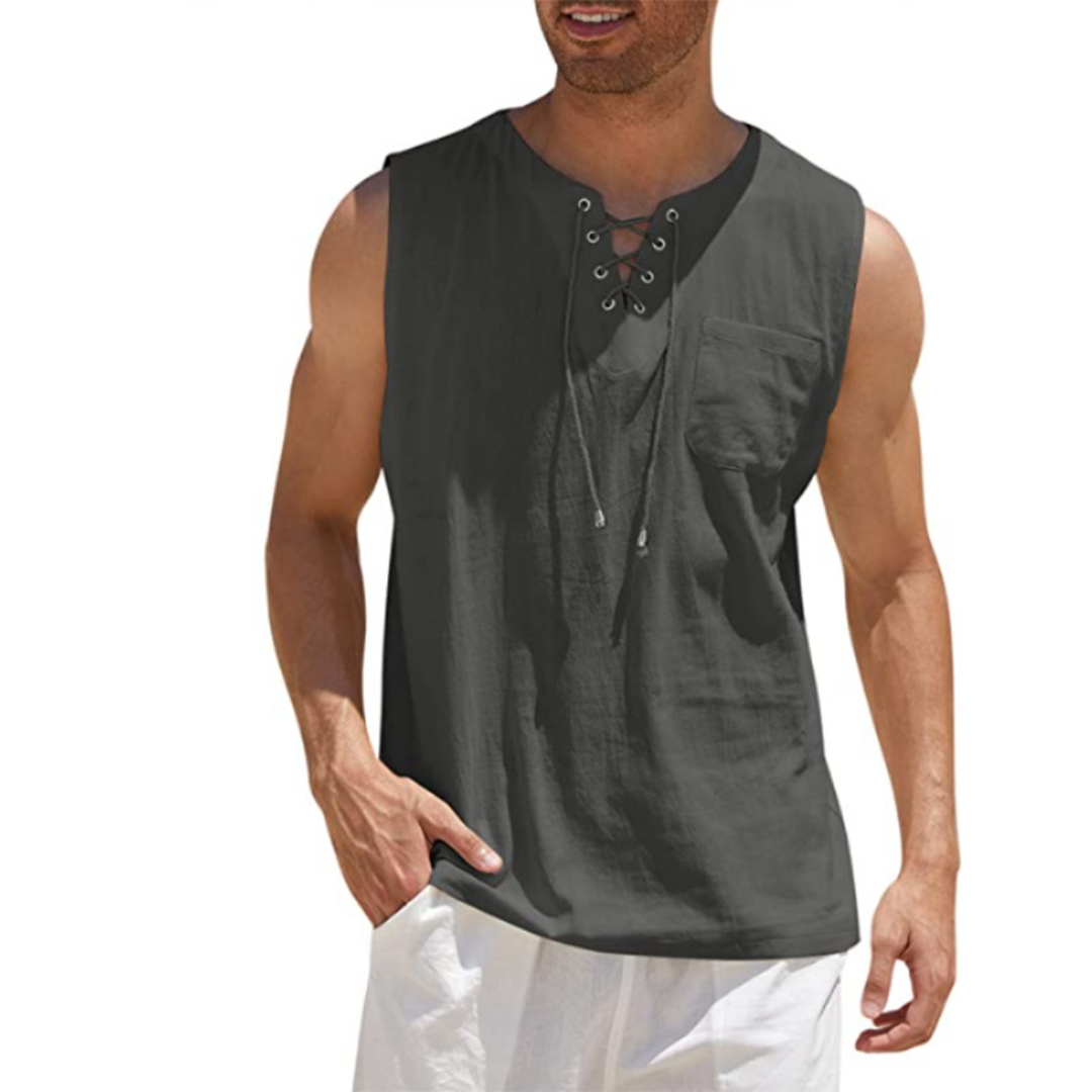 Men’s Sleeveless Shirt – Relaxed Fit – Breathable Blend – Lace-Up Front – Casual Style