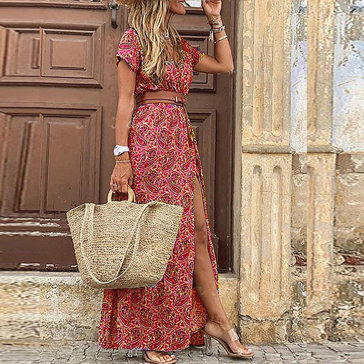 Women's Maxi Dress - Bohemian Paisley Print - V-Neck - Short Sleeve - Flowy Slit Skirt