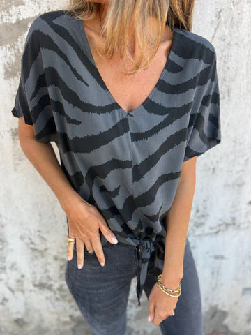Women’s Blouse - Relaxed Fit - V-Neck - Tie-Front Detail - Short Sleeve - Breathable Blend