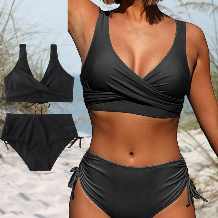 Women’s Bikini Set – Wrap Top – High-Waisted – Adjustable Ruched Sides – Breathable Blend