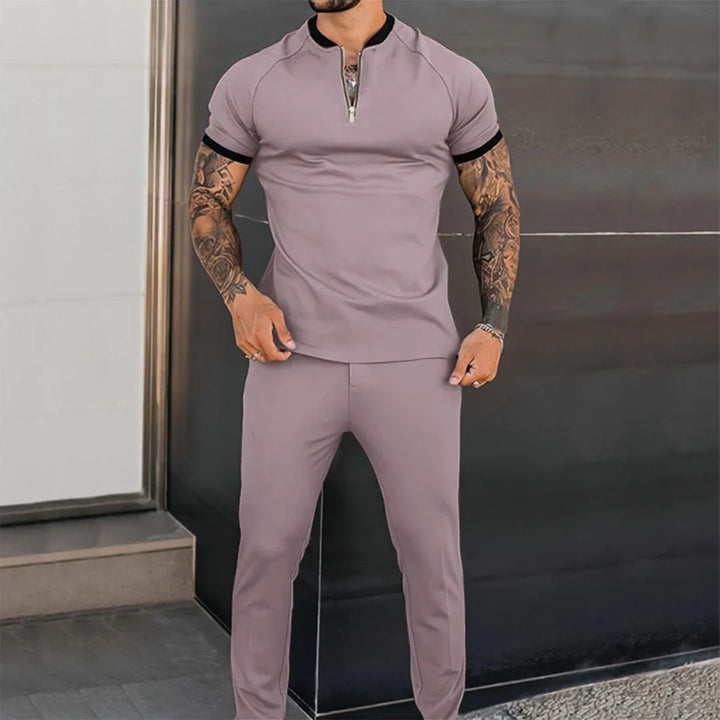 Men’s Two-Piece Set – Slim Fit – Breathable Blend – Short Sleeve with Zip Collar