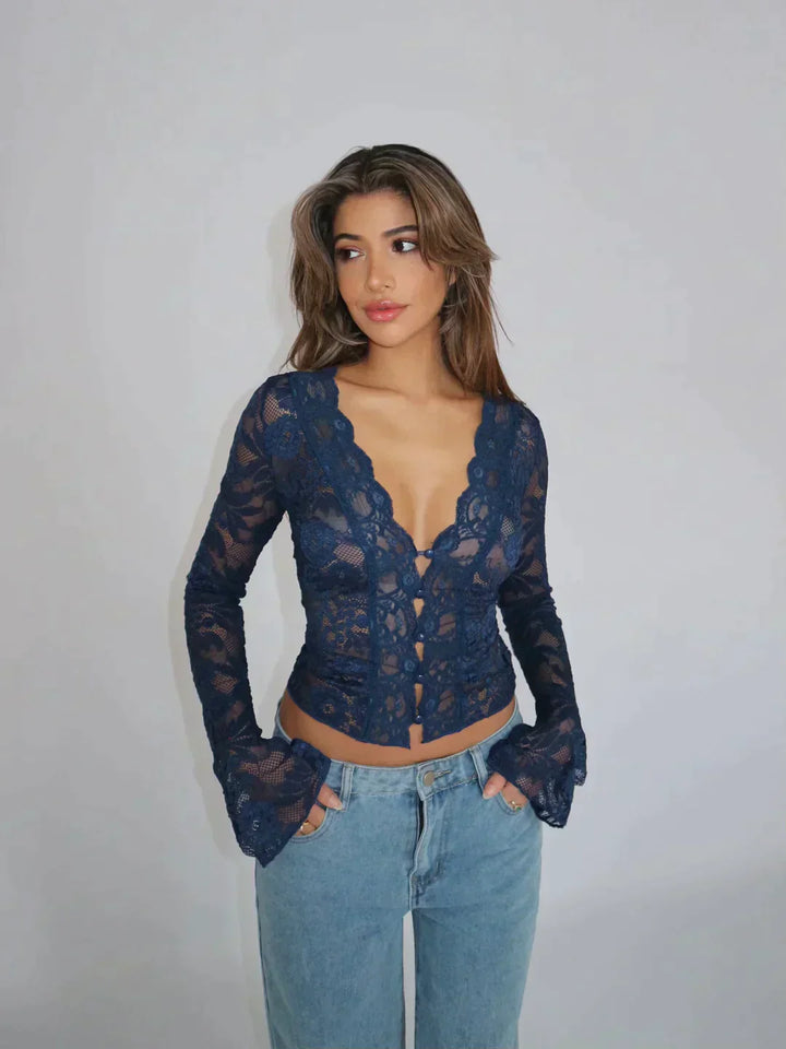Women's Lace Top - Floral Pattern - Deep V-Neck - Long Sleeve Elegant Fit