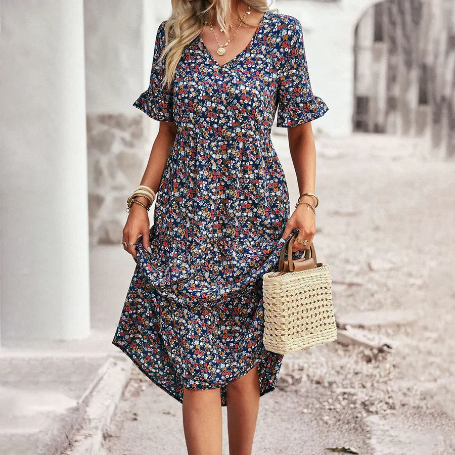 Women’s Midi Dress – Relaxed Fit – V-Neck – Flutter Sleeves – Breathable Blend