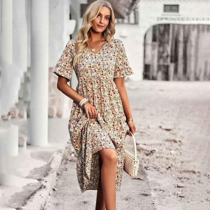 Women’s Midi Dress – Relaxed Fit – V-Neck – Flutter Sleeves – Breathable Blend