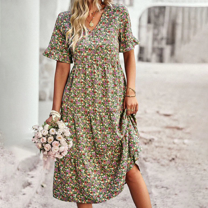 Women’s Midi Dress – Relaxed Fit – V-Neck – Flutter Sleeves – Breathable Blend