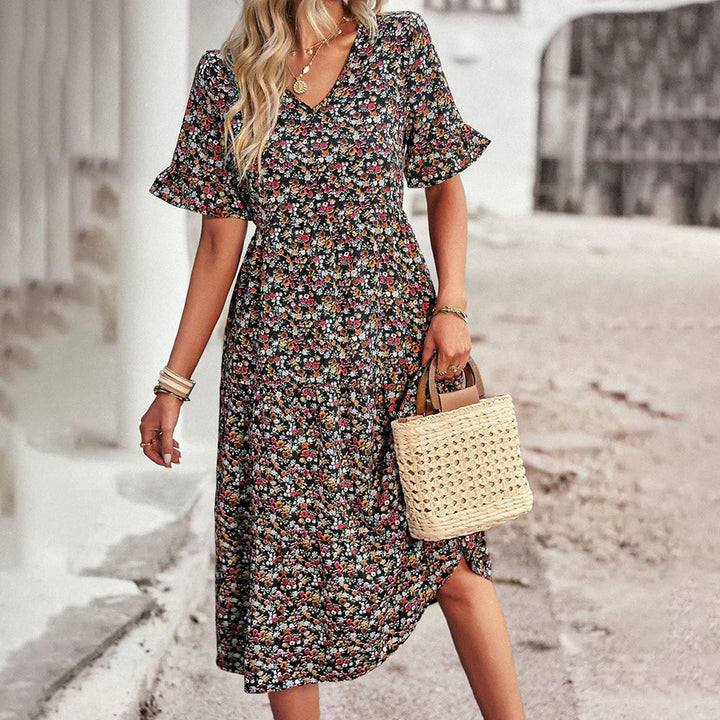 Women’s Midi Dress – Relaxed Fit – V-Neck – Flutter Sleeves – Breathable Blend
