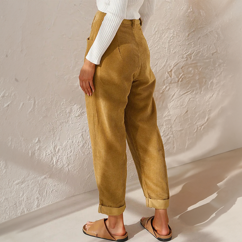 Women’s Corduroy Pants - High Waist - Relaxed Fit - Pleated Front - Tapered Leg