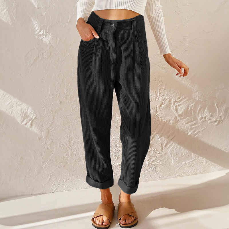 Women’s Corduroy Pants - High Waist - Relaxed Fit - Pleated Front - Tapered Leg
