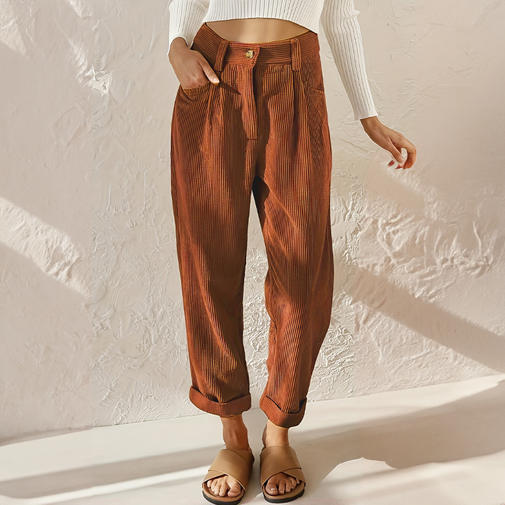 Women’s Corduroy Pants - High Waist - Relaxed Fit - Pleated Front - Tapered Leg