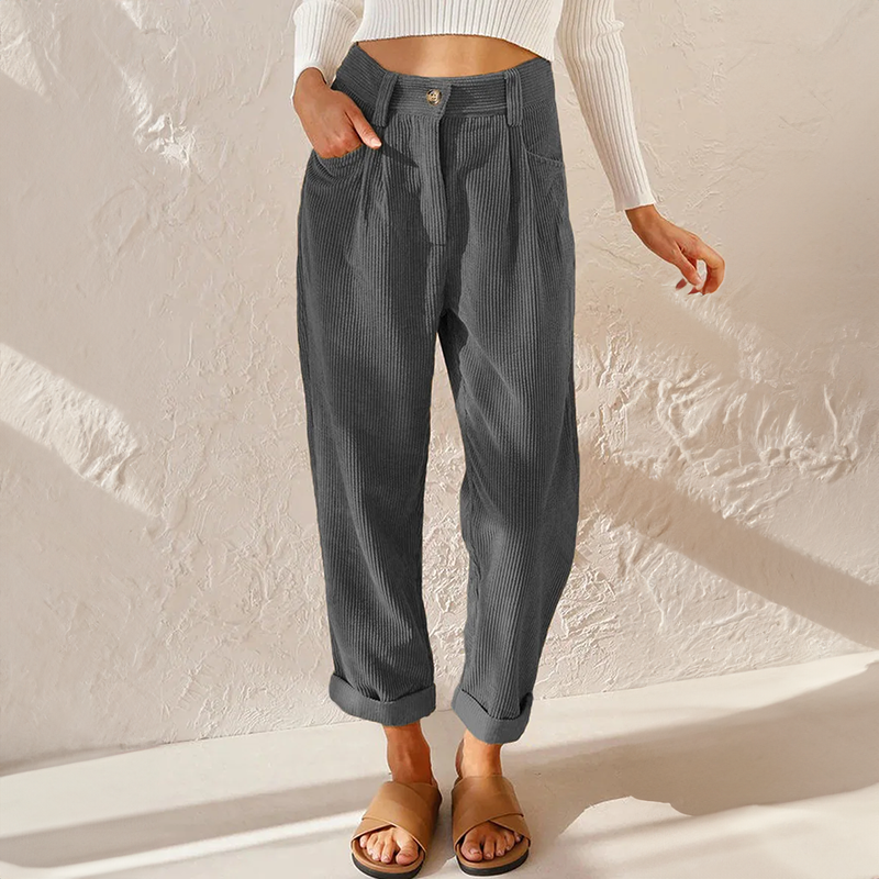 Women’s Corduroy Pants - High Waist - Relaxed Fit - Pleated Front - Tapered Leg