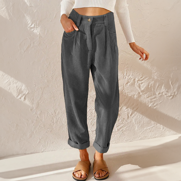 Women’s Corduroy Pants - High Waist - Relaxed Fit - Pleated Front - Tapered Leg