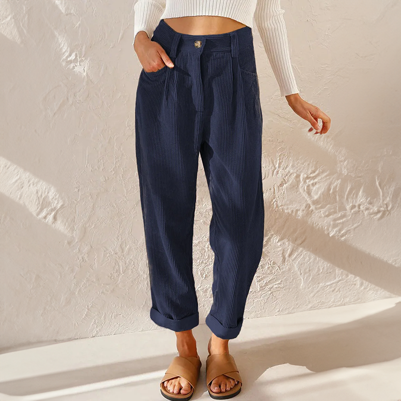 Women’s Corduroy Pants - High Waist - Relaxed Fit - Pleated Front - Tapered Leg