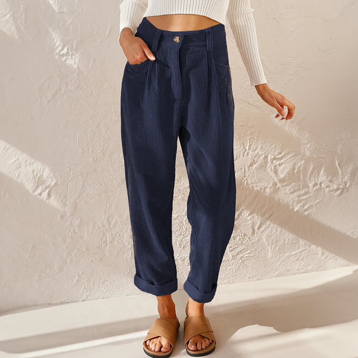 Women’s Corduroy Pants - High Waist - Relaxed Fit - Pleated Front - Tapered Leg