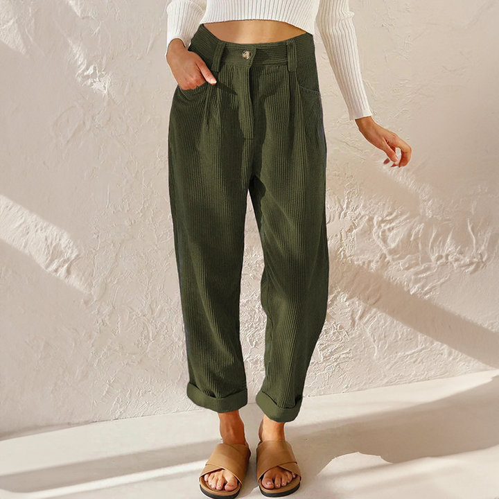 Women’s Corduroy Pants - High Waist - Relaxed Fit - Pleated Front - Tapered Leg