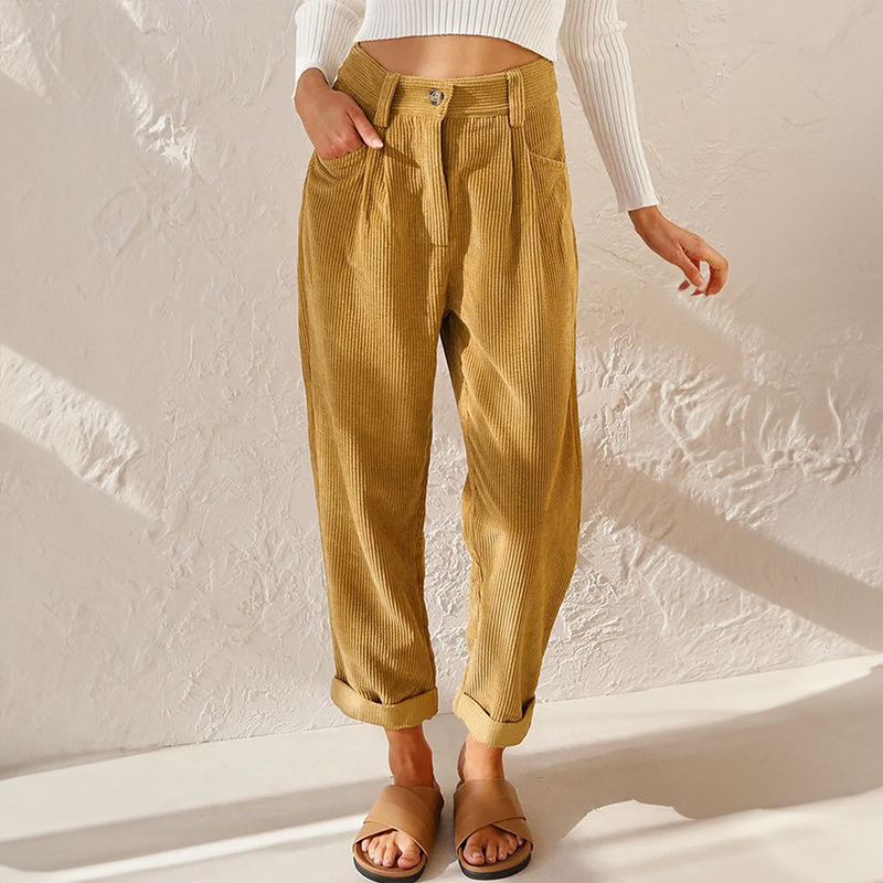 Women’s Corduroy Pants - High Waist - Relaxed Fit - Pleated Front - Tapered Leg