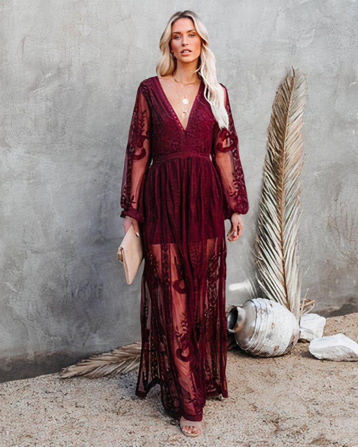 Women's Lace Maxi Dress - Sheer Floral Design - Deep V-Neck - Long Sleeve - Side Slit