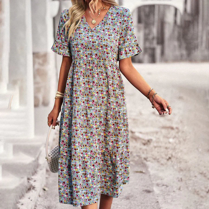 Women’s Midi Dress – Relaxed Fit – V-Neck – Flutter Sleeves – Breathable Blend