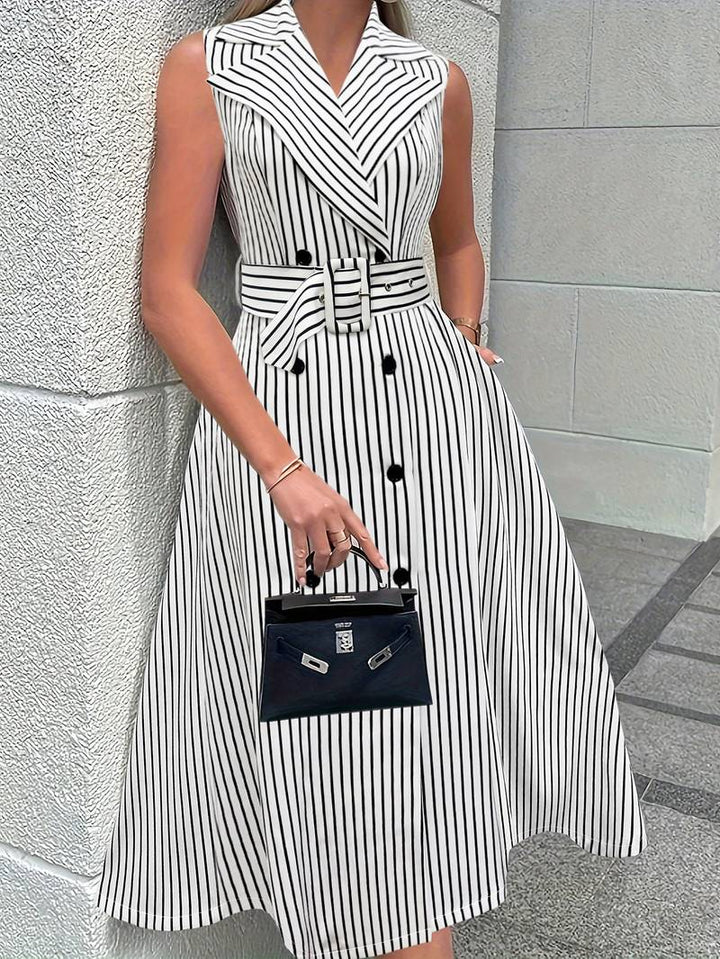 Women's Sleeveless Midi Dress - Vertical Striped A-Line - Lapel Collar - Belted Waist