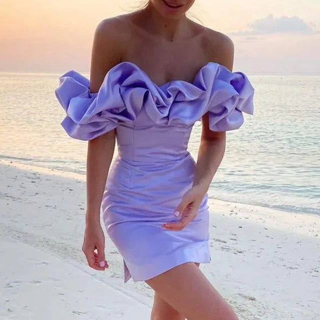 Women's Off-Shoulder Mini Dress - Ruffled Sleeves - Fitted Waist - Elegant Satin Finish