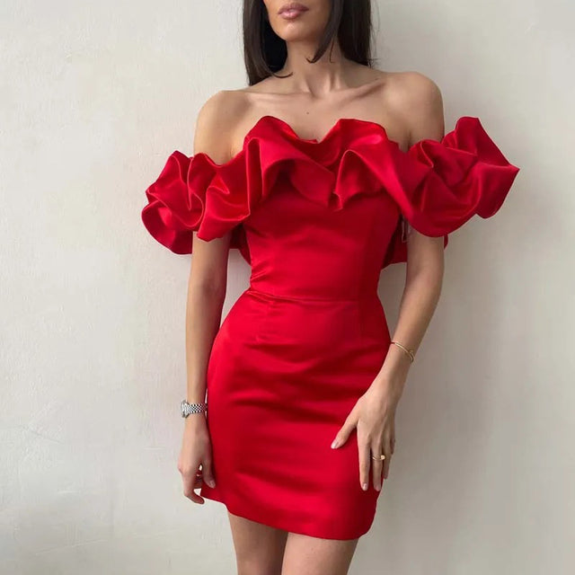 Women's Off-Shoulder Mini Dress - Ruffled Sleeves - Fitted Waist - Elegant Satin Finish