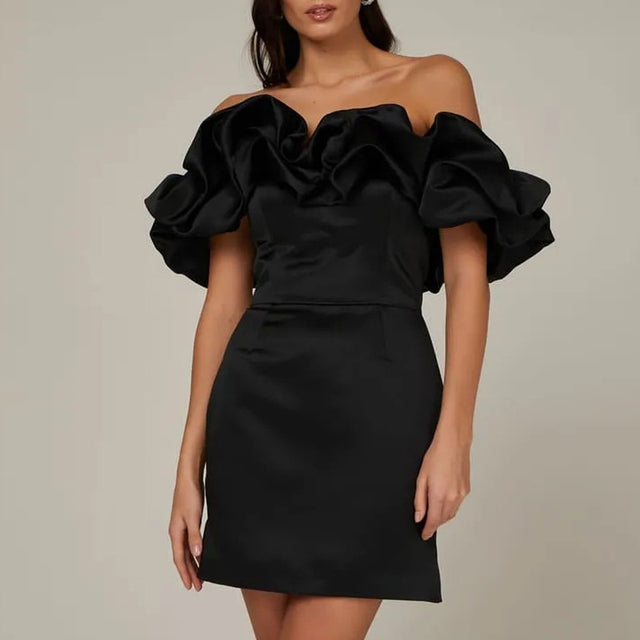 Women's Off-Shoulder Mini Dress - Ruffled Sleeves - Fitted Waist - Elegant Satin Finish