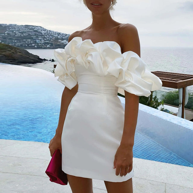 Women's Off-Shoulder Mini Dress - Ruffled Sleeves - Fitted Waist - Elegant Satin Finish